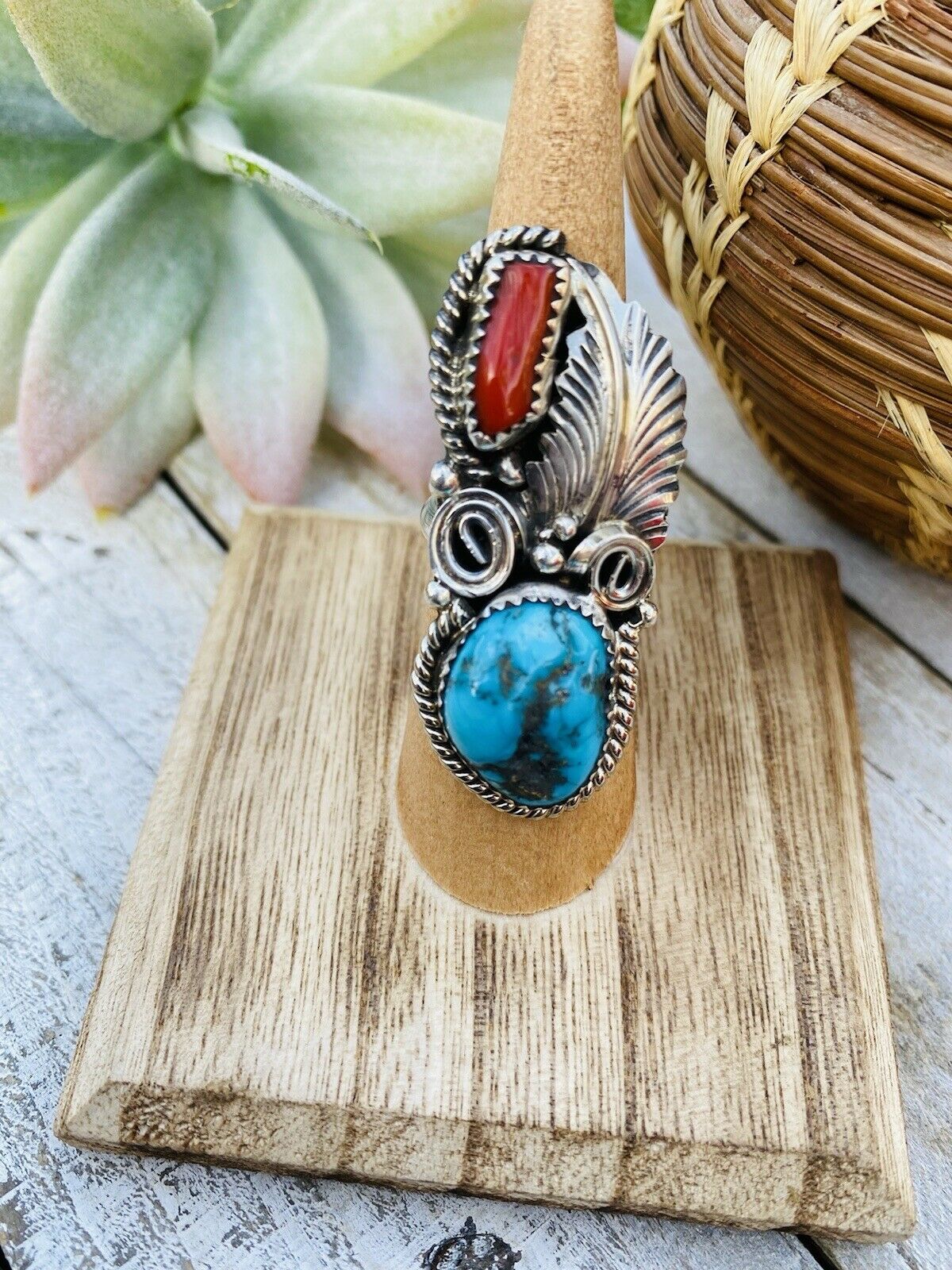 Navajo Turquoise, Coral & Sterling Silver Ring Size 5.5