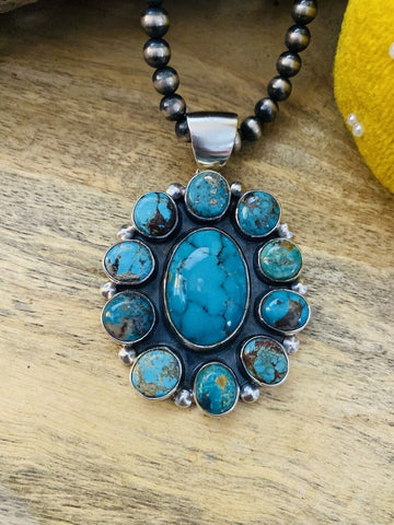 Navajo Sterling Silver & Multi Turquoise Cluster Pendant Signed