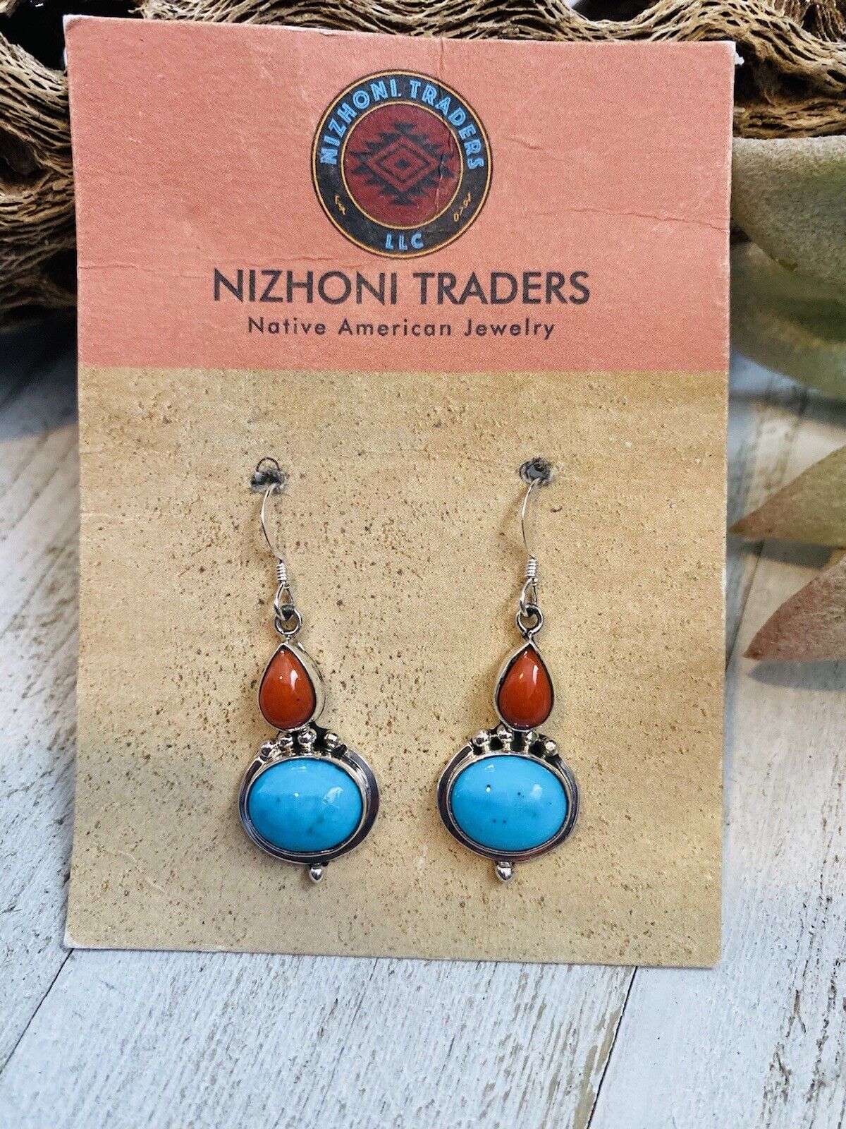 Navajo Turquoise, Coral & Sterling Silver Dangle Earrings