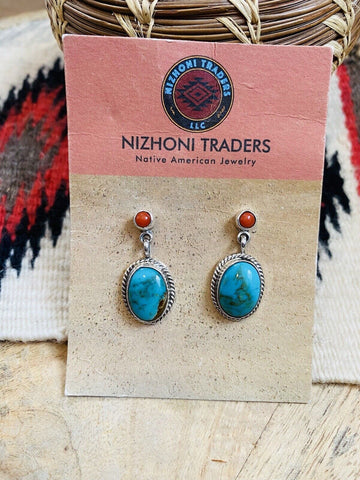 Navajo Turquoise, Coral & Sterling Silver Dangle Earrings