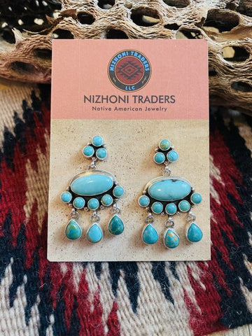 Navajo Turquoise & Sterling Silver Cluster Dangle Earrings Signed