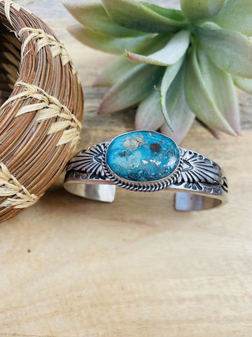 Navajo Sterling Silver & Royston Turquoise Cuff Bracelet Signed