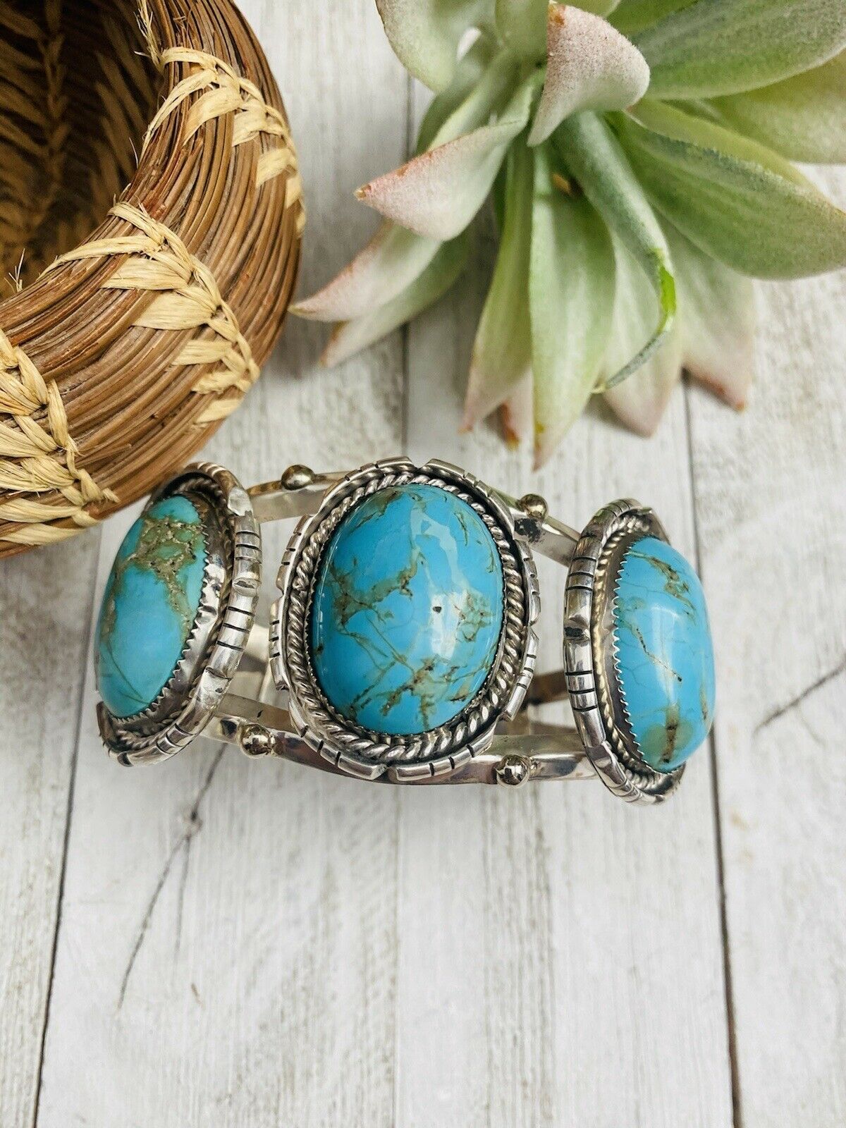 Navajo Old Pawn Vintage Turquoise & Sterling Silver Bracelet Signed