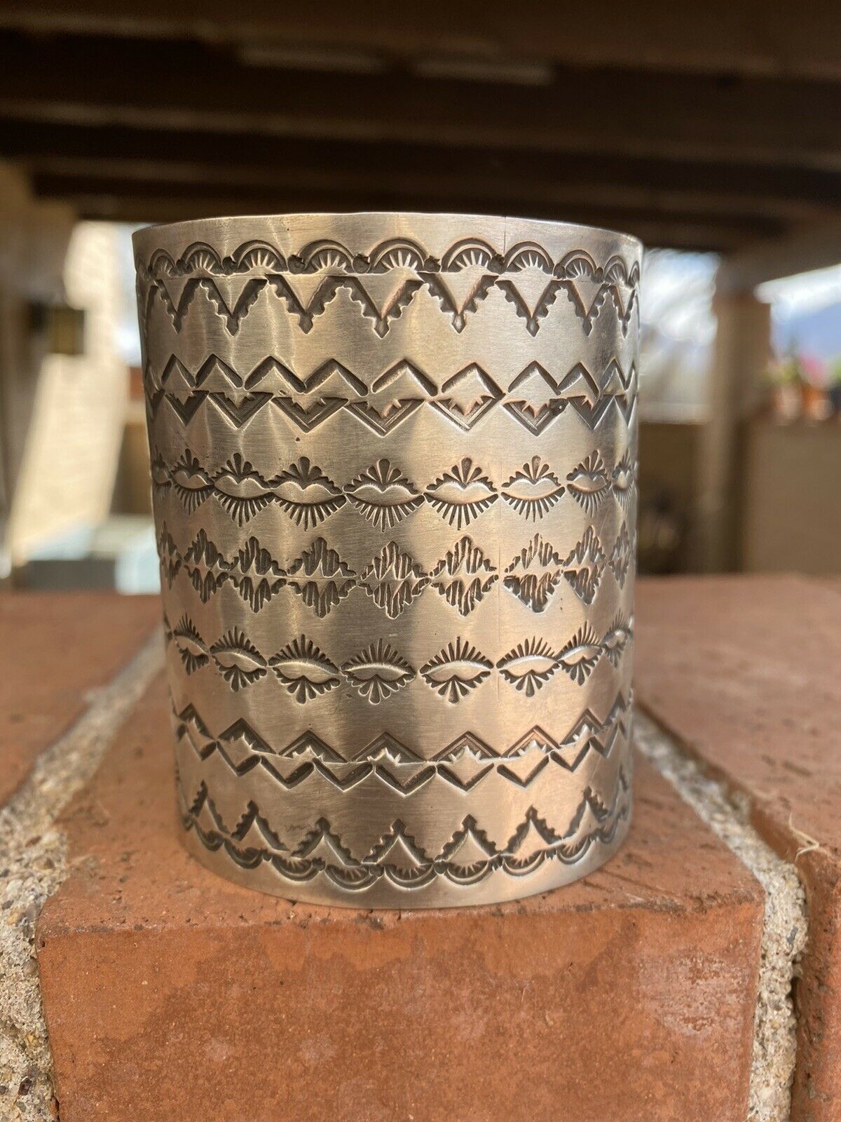 Navajo Sterling Silver Hand Stamped Statement Bracelet Cuff Signed