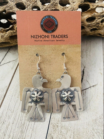 Navajo Hand Stamped Sterling Silver Thunderbird Dangle Earrings By Tim Yazzie