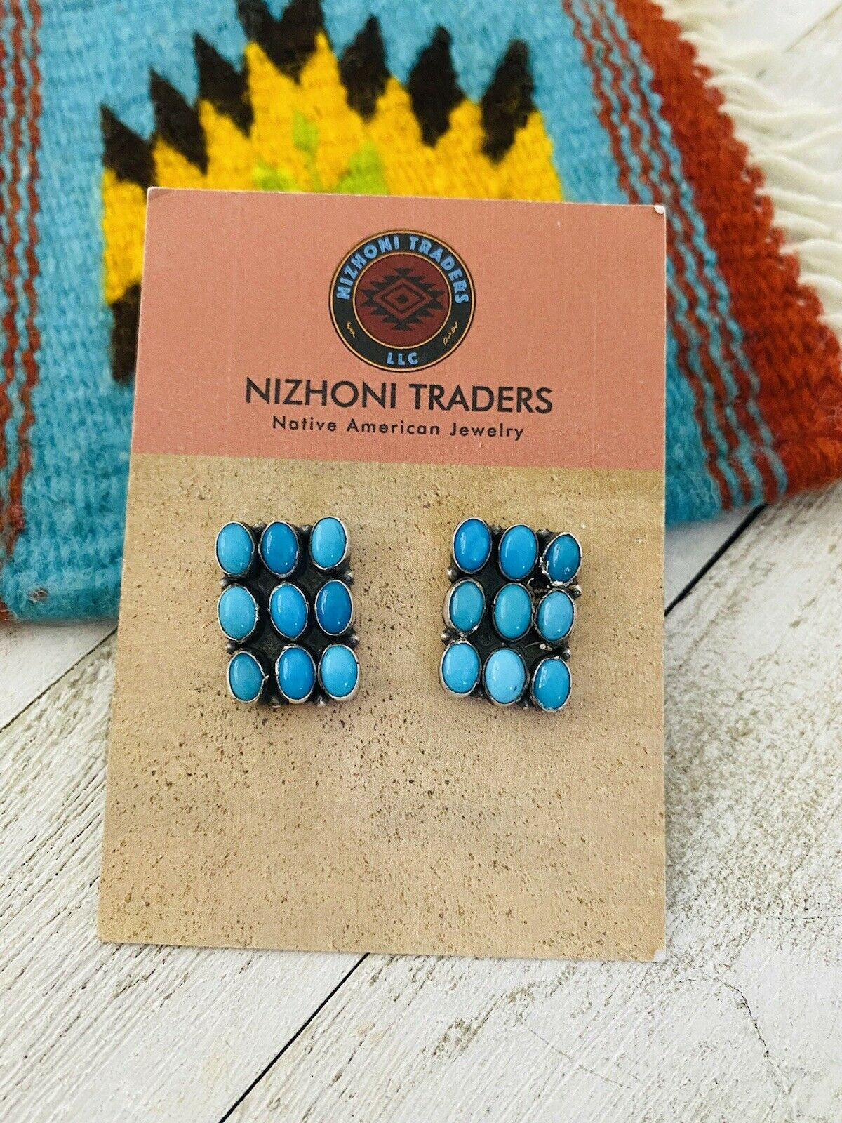 Navajo Turquoise & Sterling Silver Cluster Stud Earrings Signed