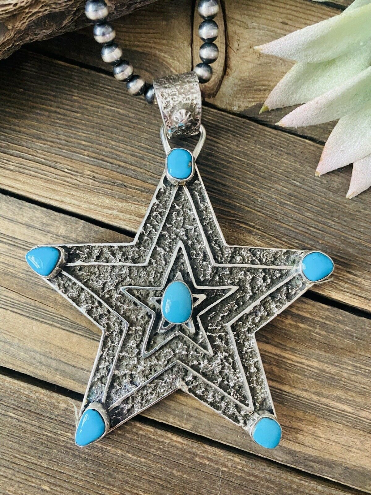 Navajo Turquoise & Sterling Silver Tufa Cast Star Pendant