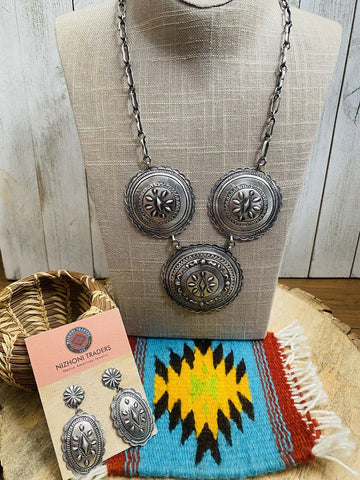 Navajo Hand Stamped Sterling Silver Necklace & Earring Set By Eugene Charley