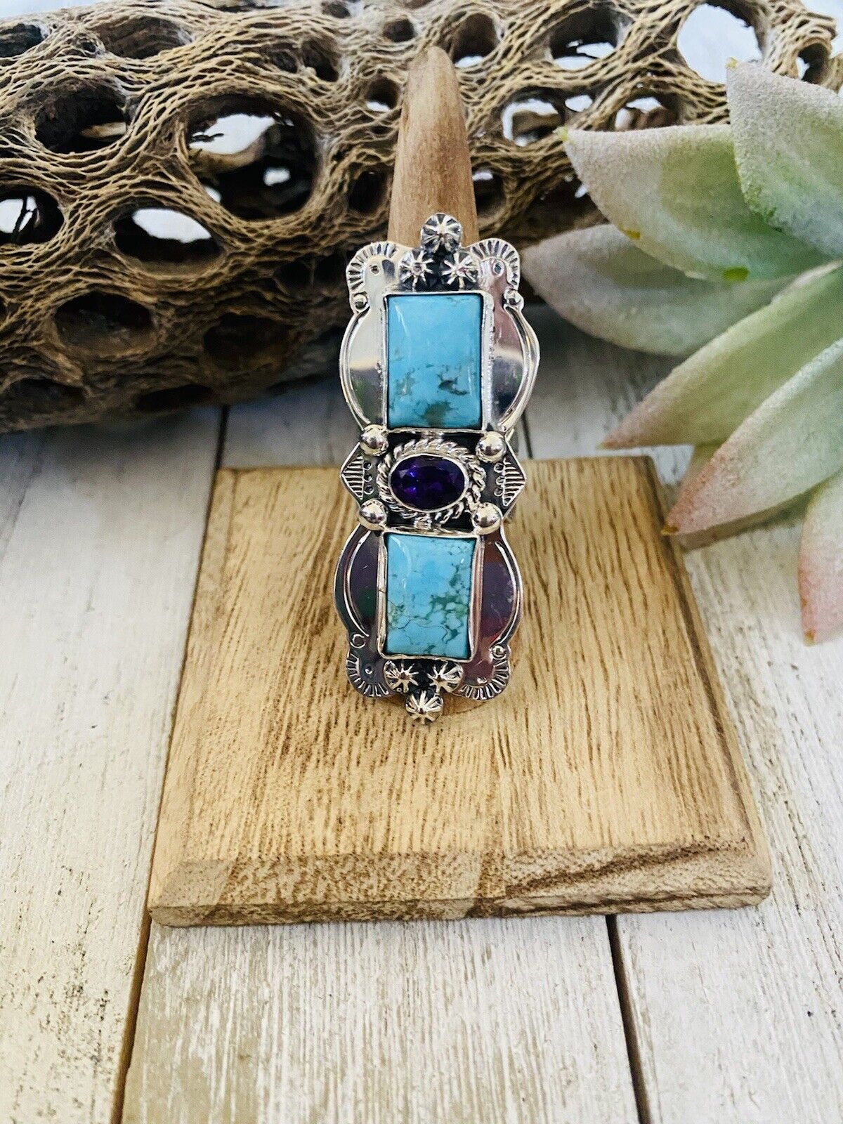 Navajo Kingman Turquoise, Amethyst & Sterling Silver Ring