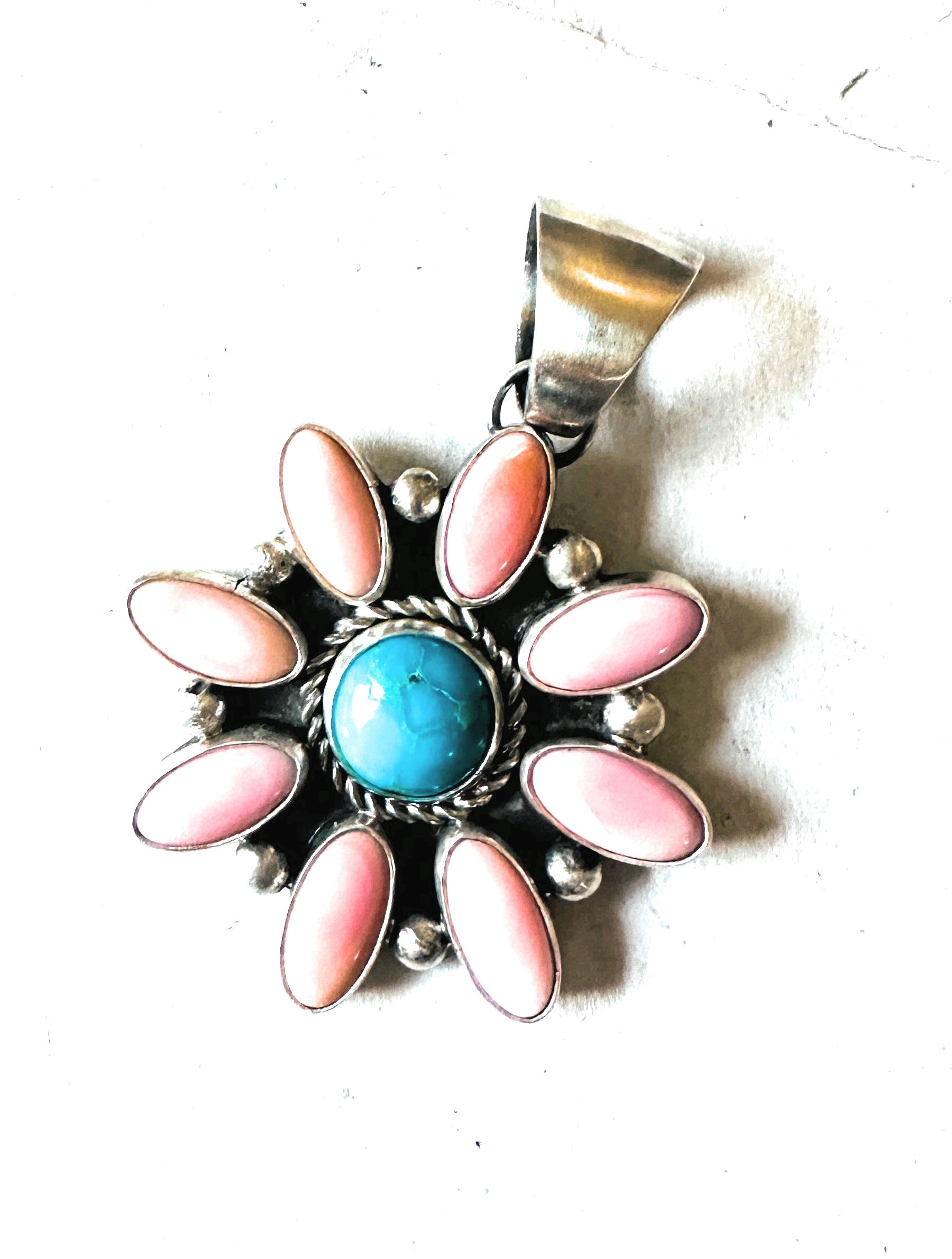 Navajo Queen Pink Conch, Turquoise & Sterling Silver Cluster Pendant