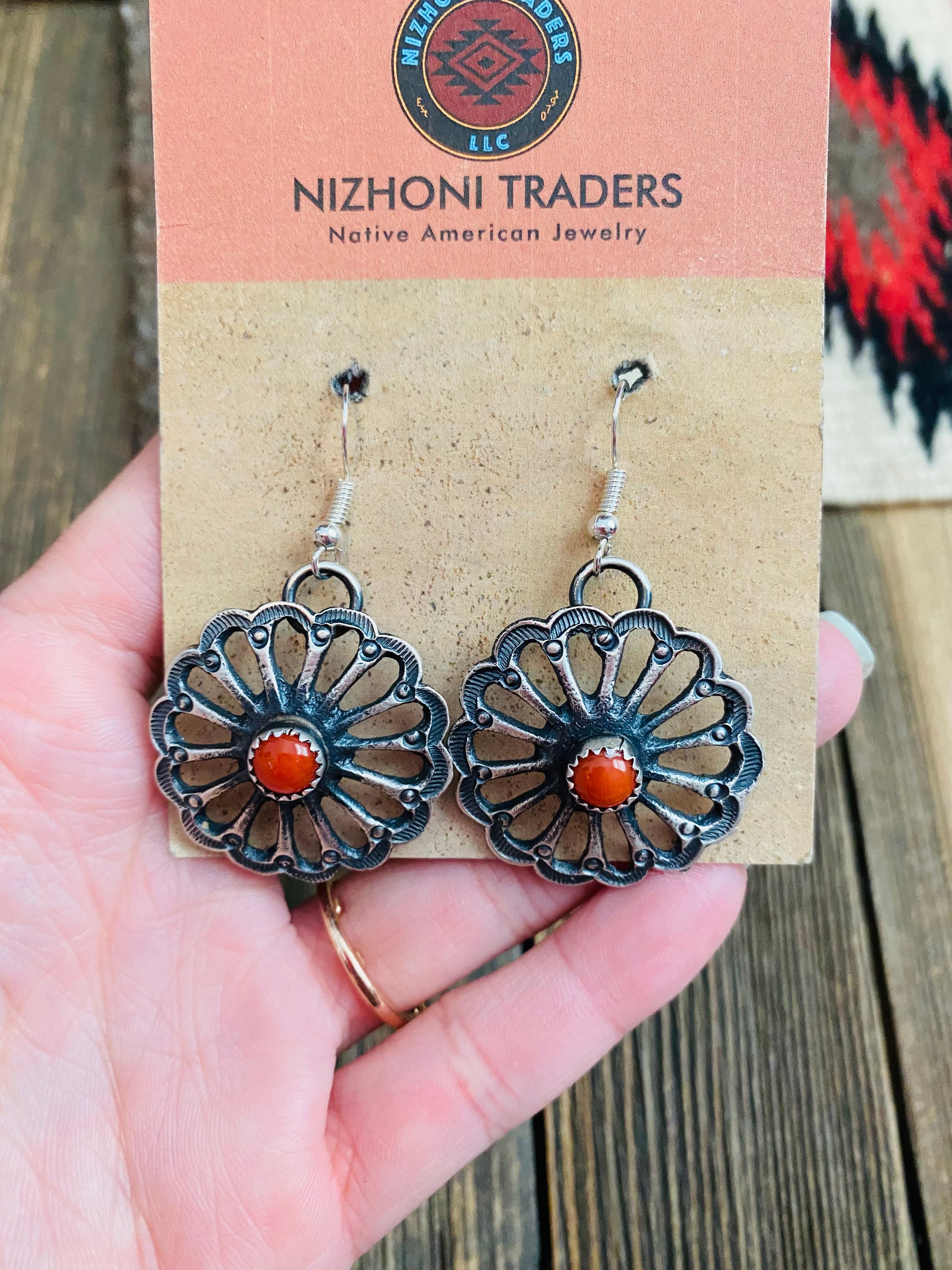 Navajo Coral & Sterling Silver Flower Dangle Earrings By Kevin Billah