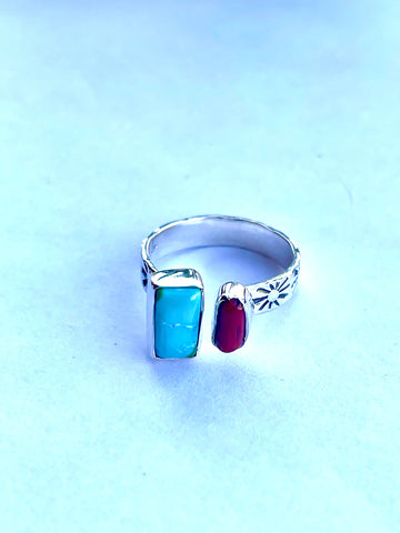 Beautiful Handmade Turquoise, Coral And Sterling Silver Adjustable Ring