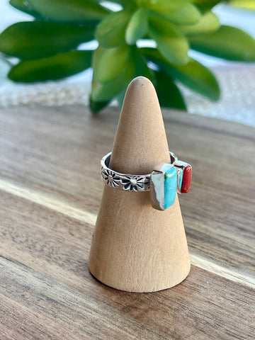 Beautiful Handmade Turquoise, Coral And Sterling Silver Adjustable Ring