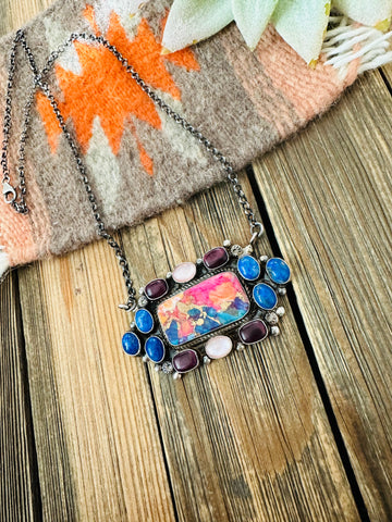 Navajo Multi Stone And Sterling Silver Cluster Necklace Signed