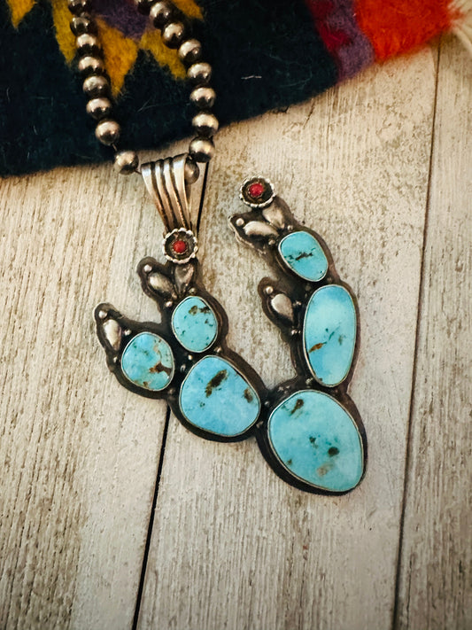 Navajo Turquoise, Coral and Sterling Silver Cactus Pendant