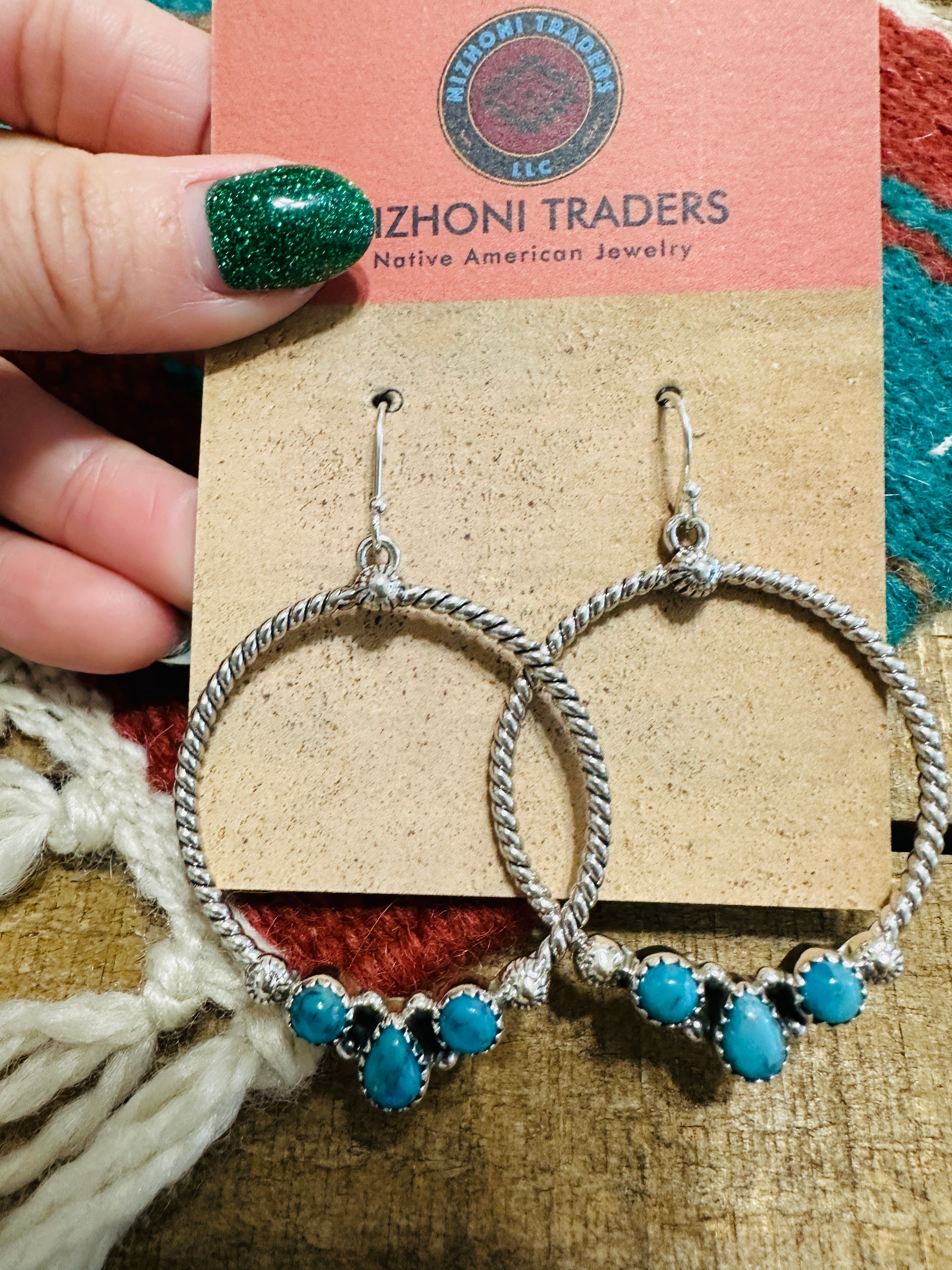 Handmade Turquoise & Sterling Silver Dangle Hoop Earrings Signed Nizhoni