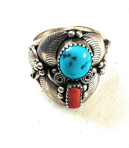 Old Pawn Vintage Navajo Sterling Silver, Kingman Turquoise & Coral Ring Size 12