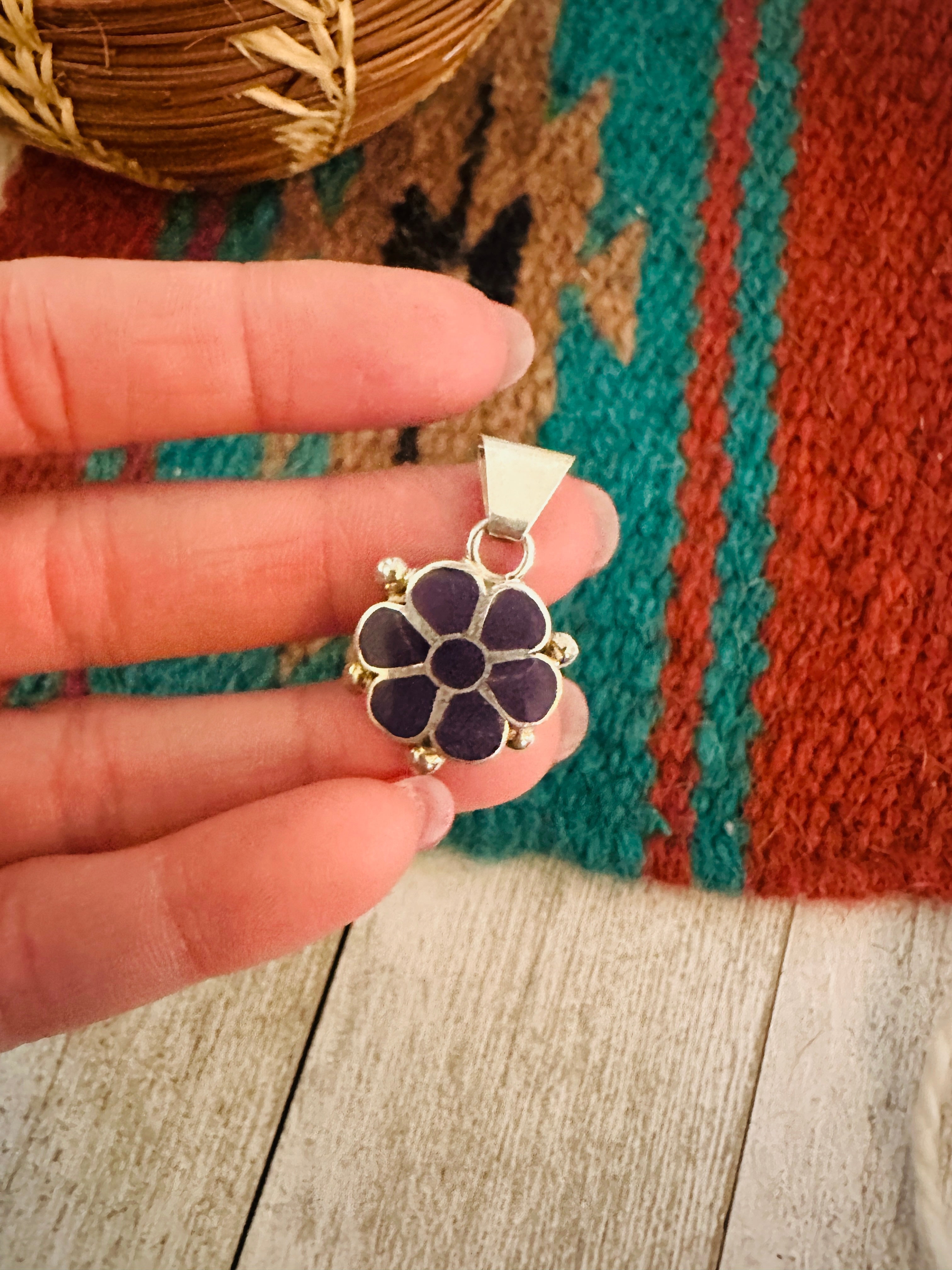 Zuni Purple Spiny & Sterling Silver Inlay Flower Pendant