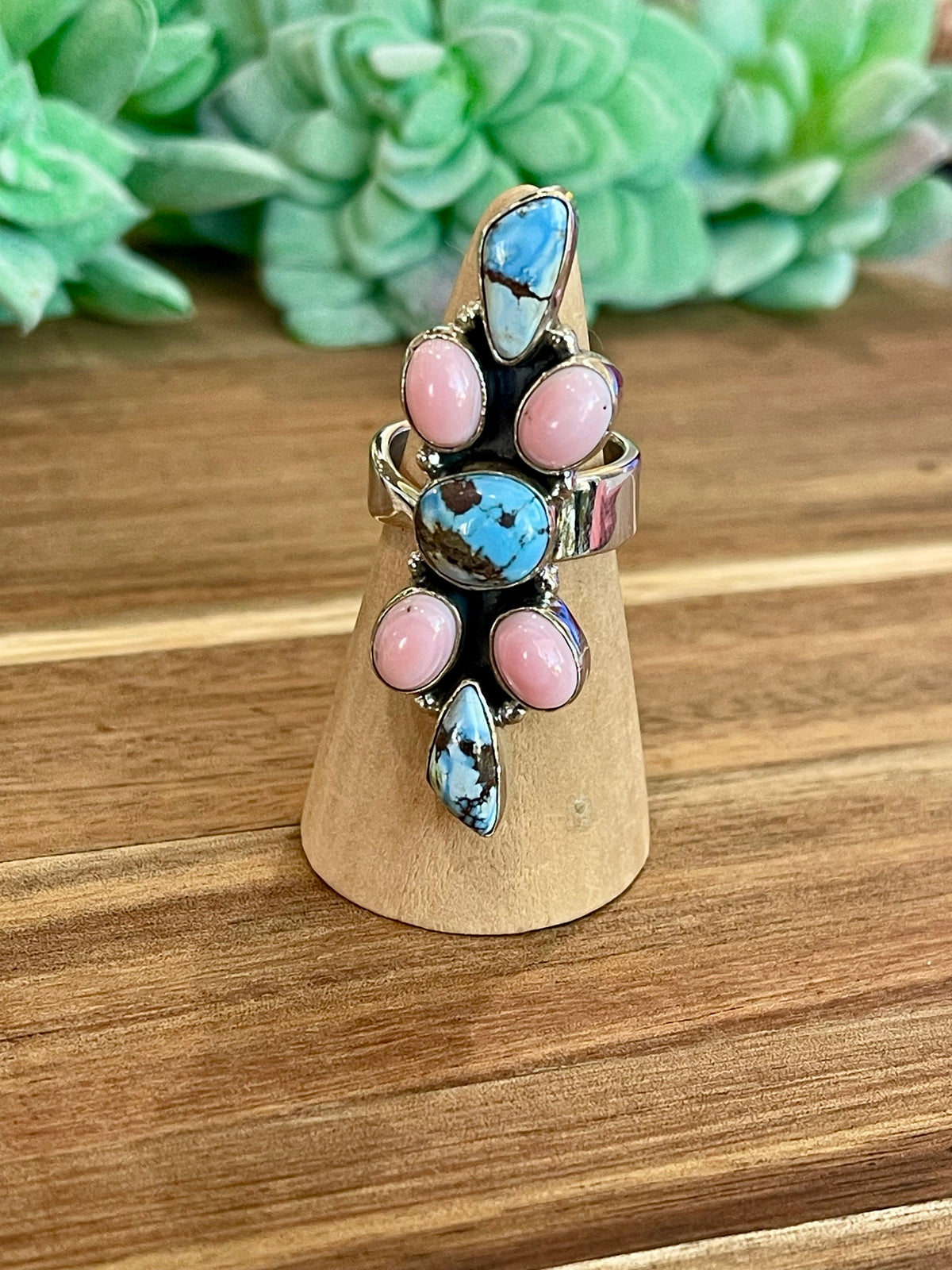 Beautiful Handmade Golden Hills Turquoise, Pink Conch And Sterling Silver Adjustable Ring