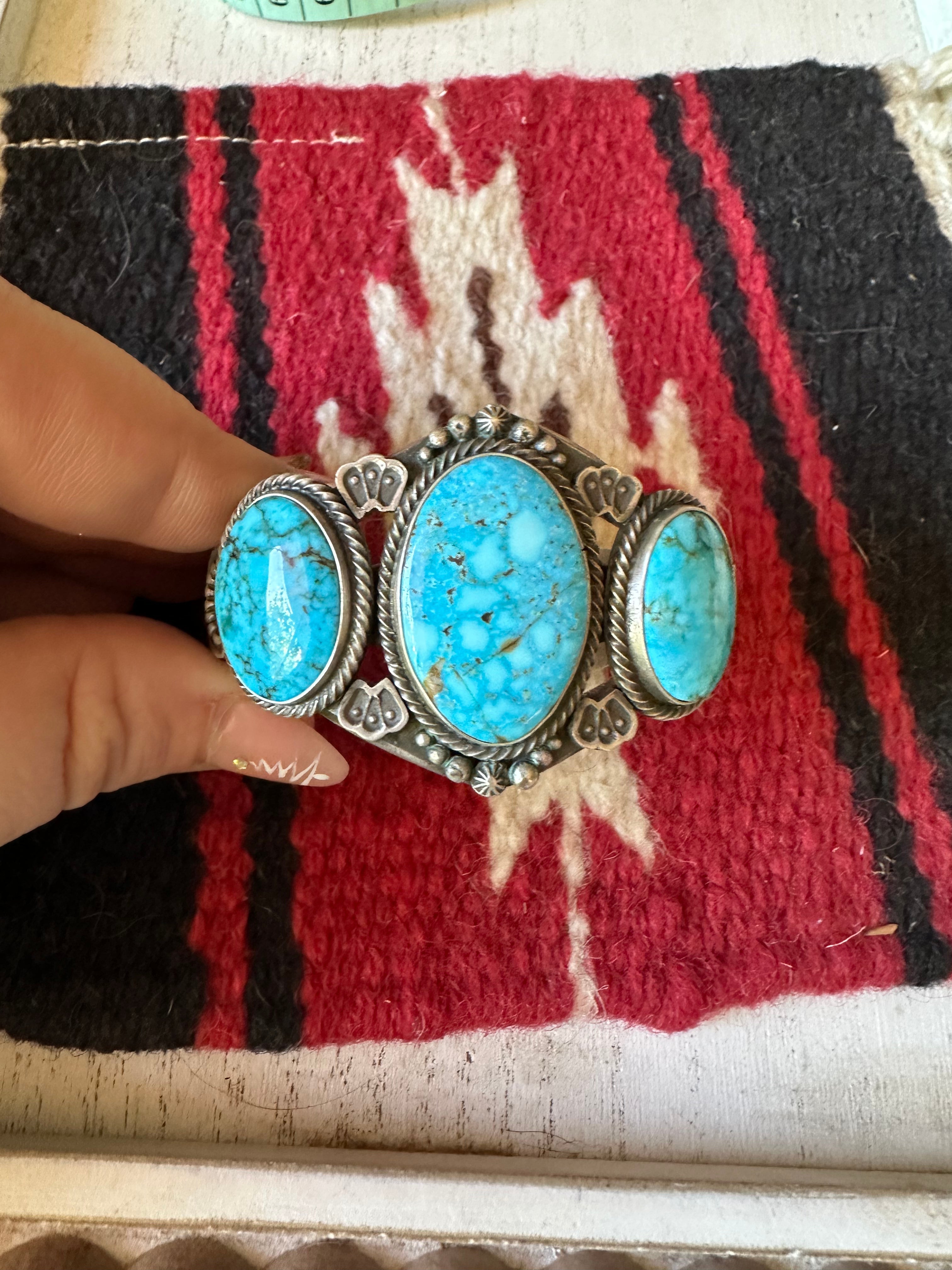 Navajo Kingman Turquoise & Sterling Silver 3 Stone Cuff Bracelet Signed S.Tso