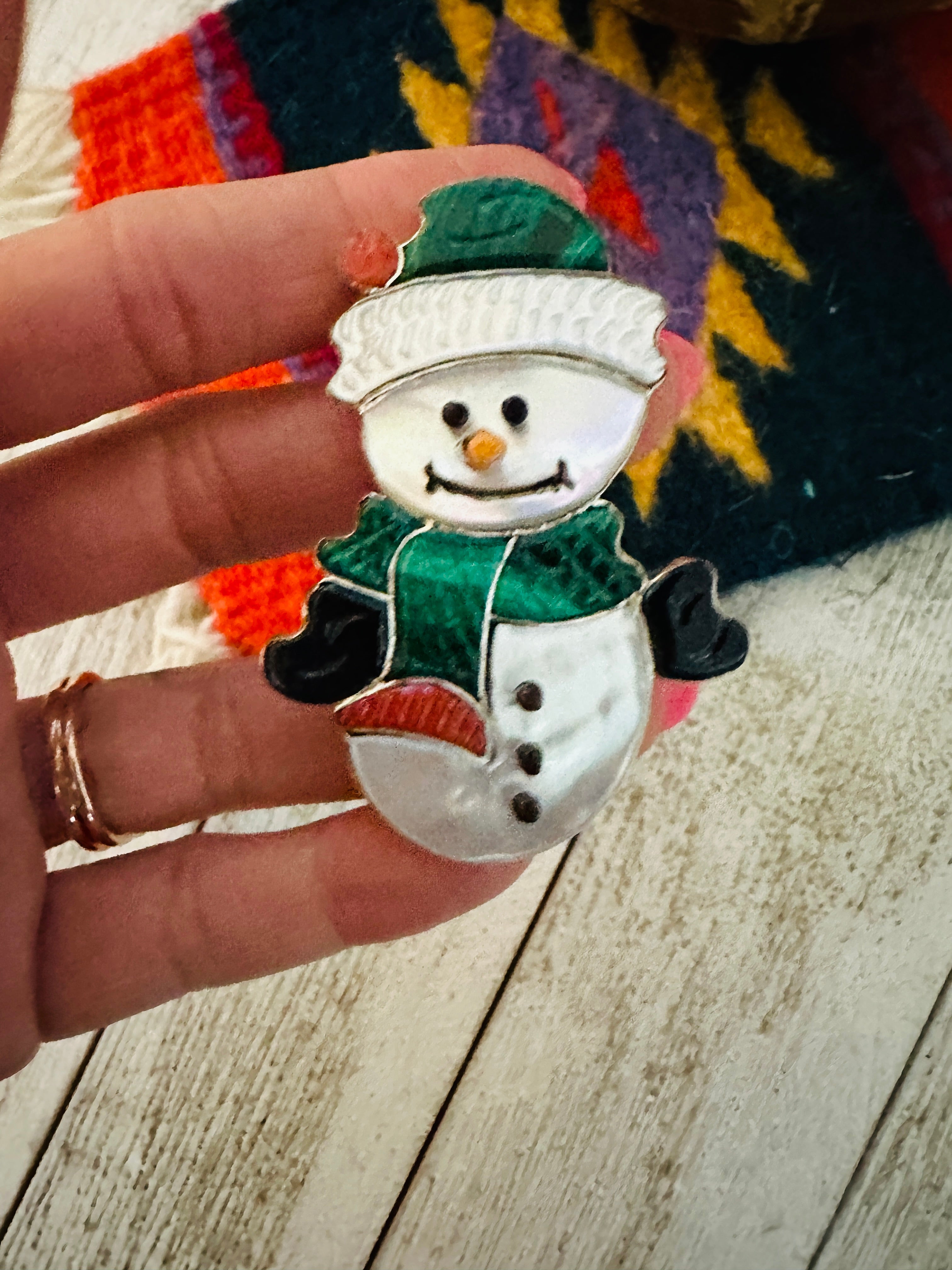 Zuni Multi Stone & Sterling Silver Inlay Snowman Brooch/ Pendant