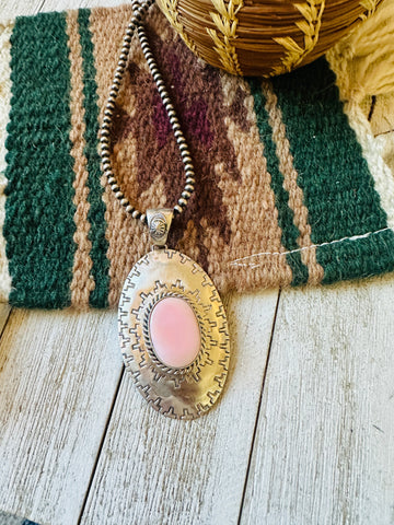 Navajo Queen Pink Conch Shell & Sterling Silver Concho Pendant