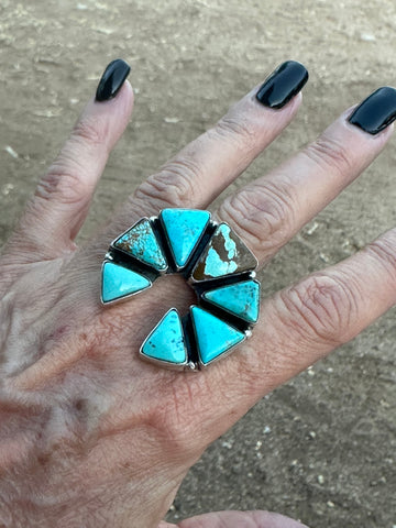 Navajo Kingman Turquoise & Sterling Silver Naja Adjustable Ring signed Elouise Kee