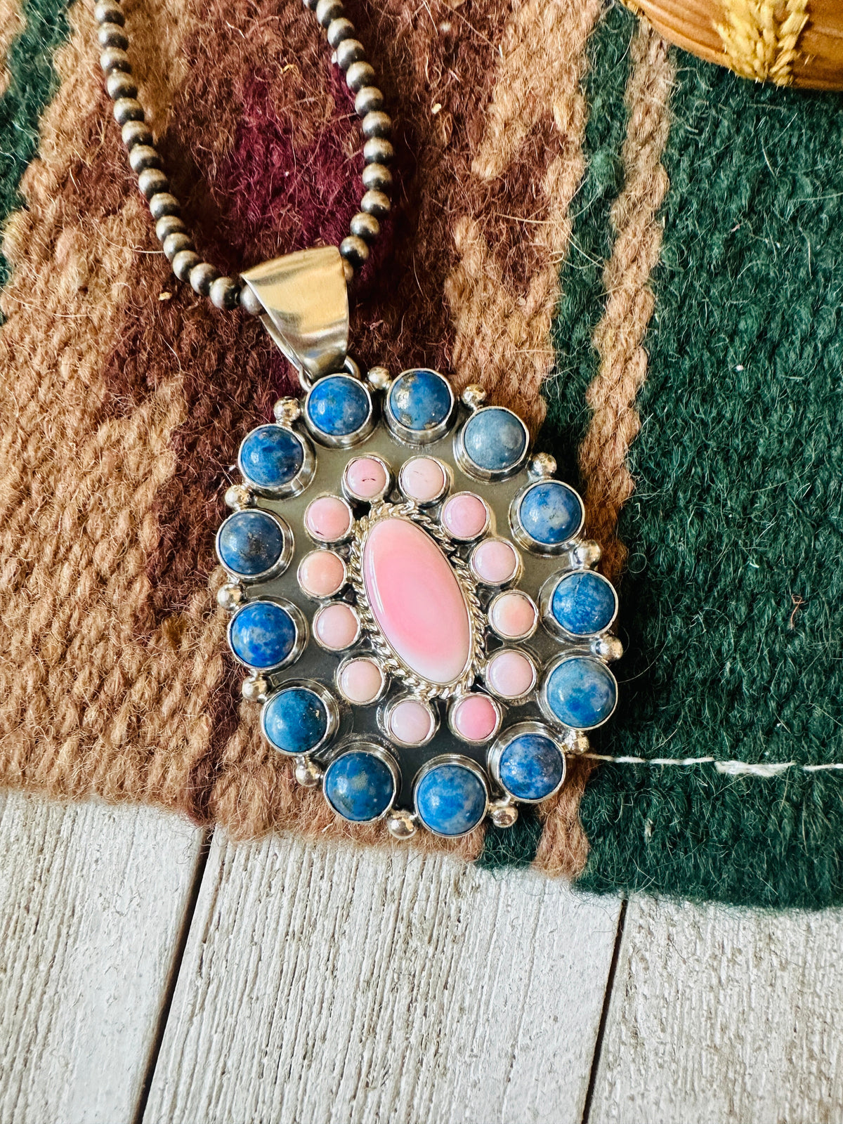 Navajo Queen Pink Conch, Lapis & Sterling Silver Cluster Pendant