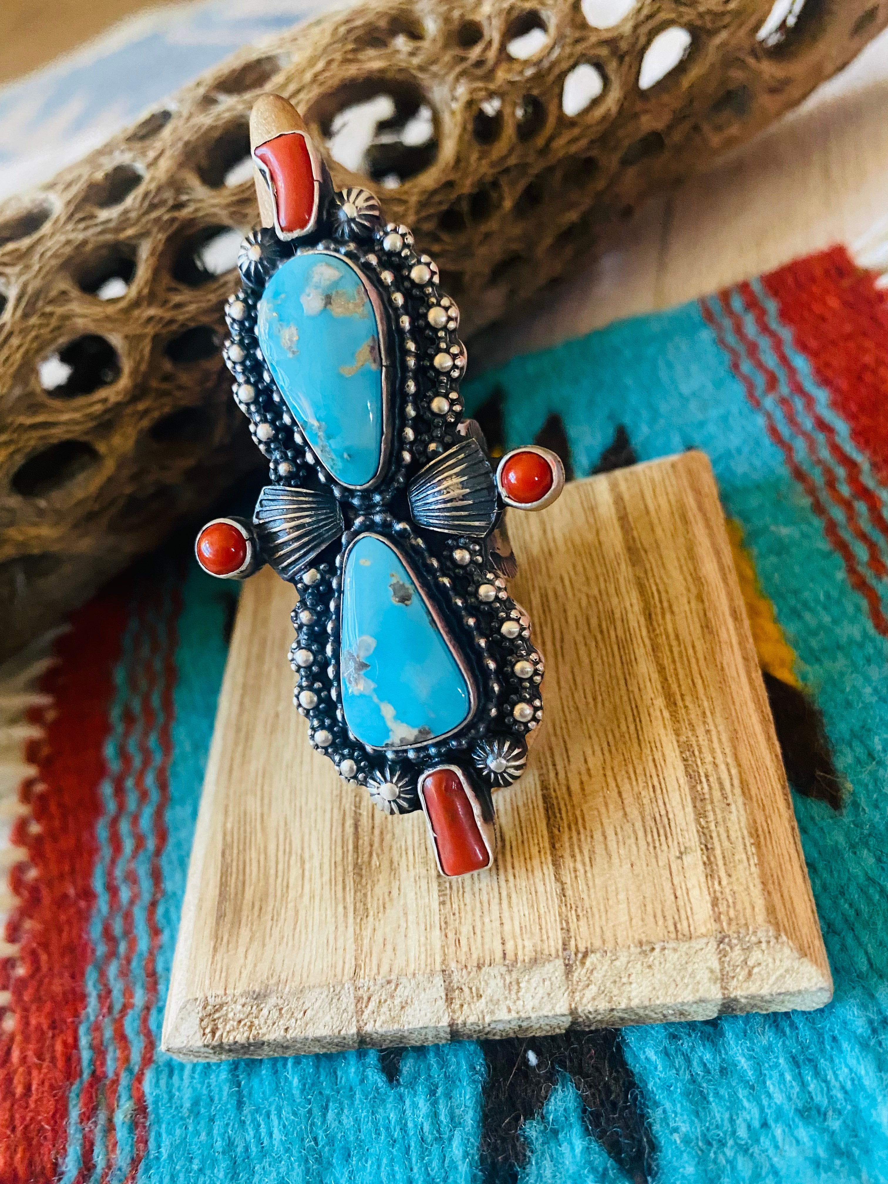 Navajo Sterling Kingman Turquoise & Red Coral Ring Size 8.5 By Shawn Cayatineto