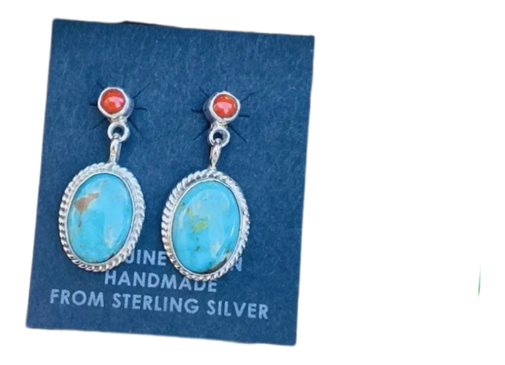 Navajo Turquoise, Coral & Sterling Silver Dangle Earrings