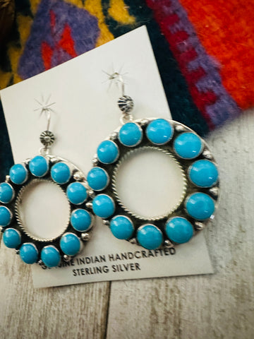 Navajo Sterling Silver & Sleeping Beauty Turquoise Cluster Dangle Earrings