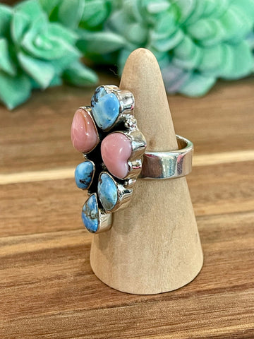 Beautiful Handmade Golden Hills Turquoise, Pink Conch And Sterling Silver Adjustable Ring