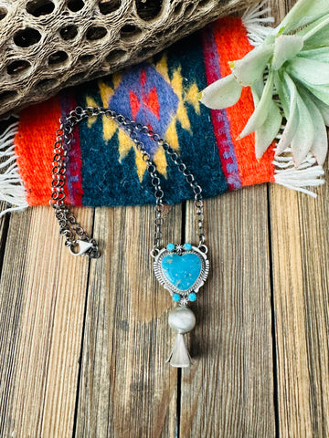 Navajo Sterling Silver & Turquoise Heart Blossom Necklace by Thomas Francisco