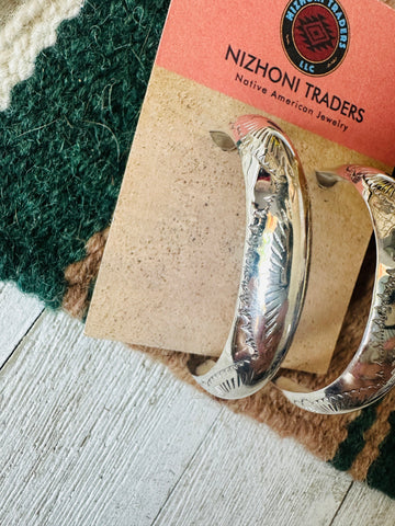 Navajo Hand Stamped Sterling Silver Hoop Earrings