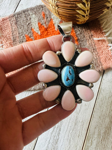 Navajo Queen Pink Conch, Turquoise & Sterling Silver Cluster Pendant