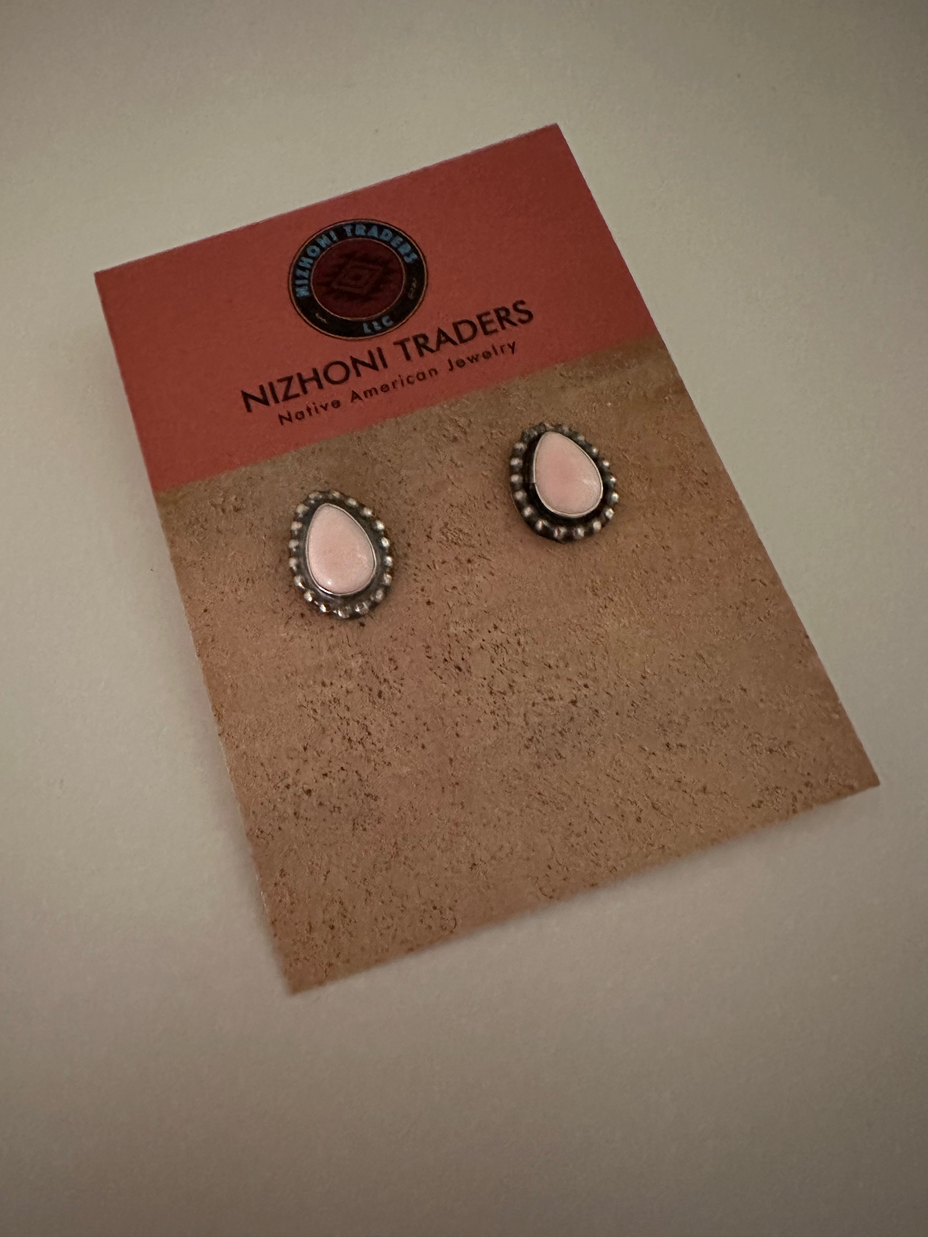 Navajo Sterling Silver and Pink Conch Tear Drop Post Earrings