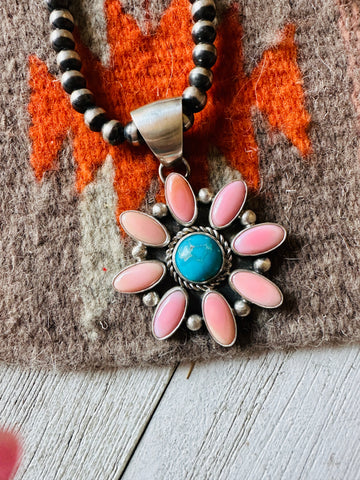 Navajo Queen Pink Conch, Turquoise & Sterling Silver Cluster Pendant