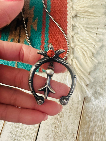 Navajo Coral & Sterling Silver Naja Pendant by Martha Cayatineto