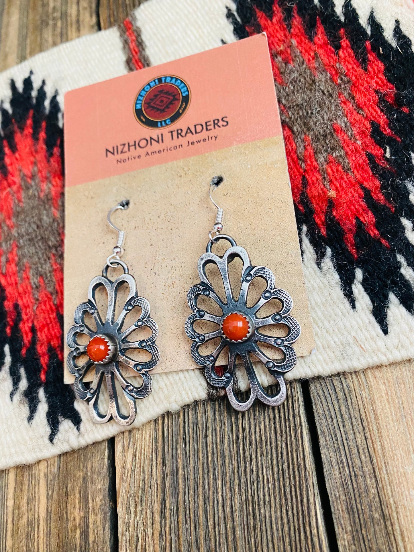 Navajo Coral & Sterling Silver Flower Dangle Earrings By Kevin Billah
