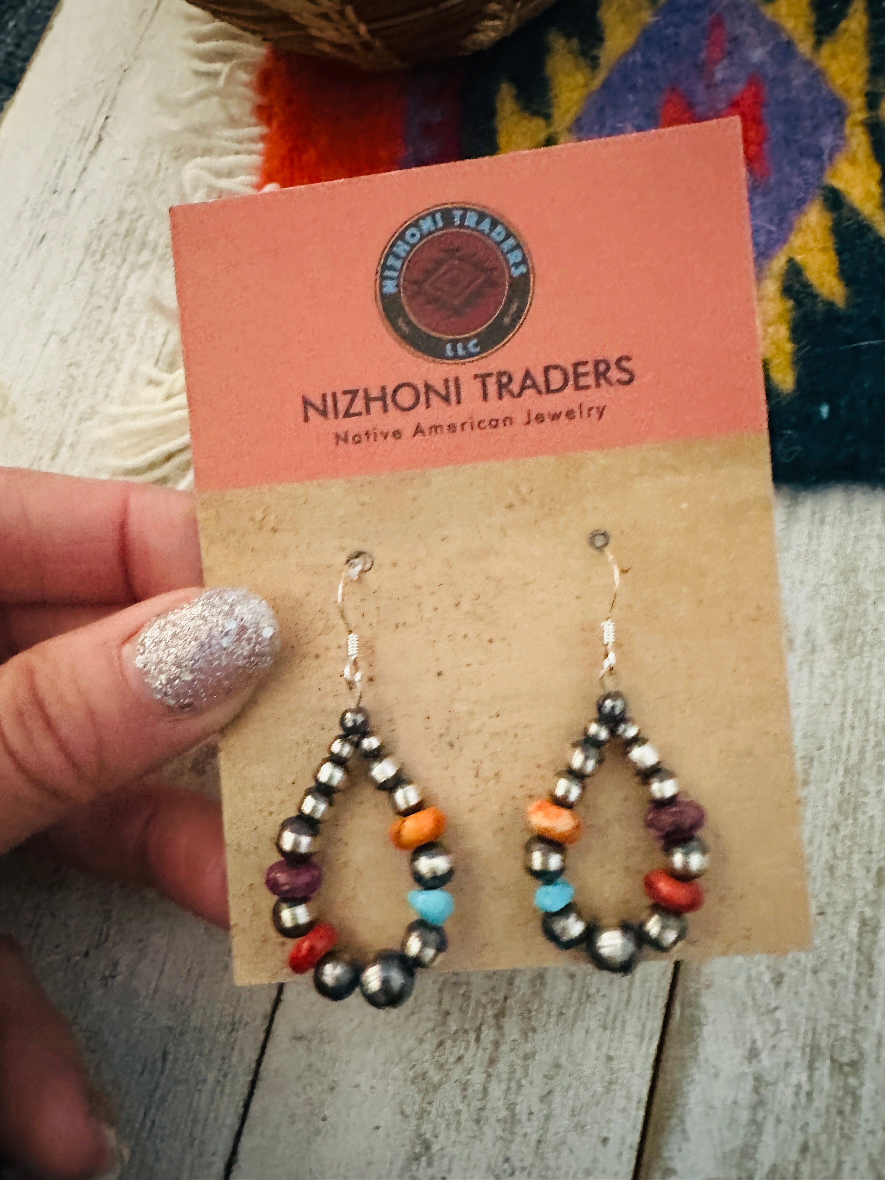 Navajo Multi Stone & Sterling Silver Pearl Beaded Dangle Hoop Earrings