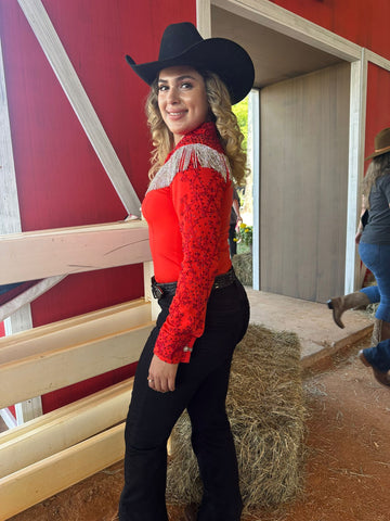 Red Embellished Embroidered Show Top With Stone Fringe