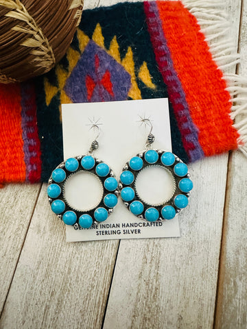 Navajo Sterling Silver & Sleeping Beauty Turquoise Cluster Dangle Earrings