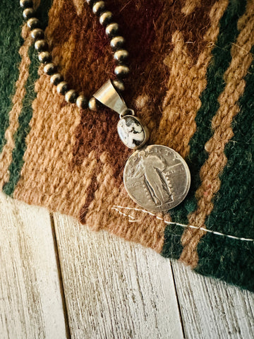 Navajo White Buffalo & Sterling Silver Liberty Quarter Pendant