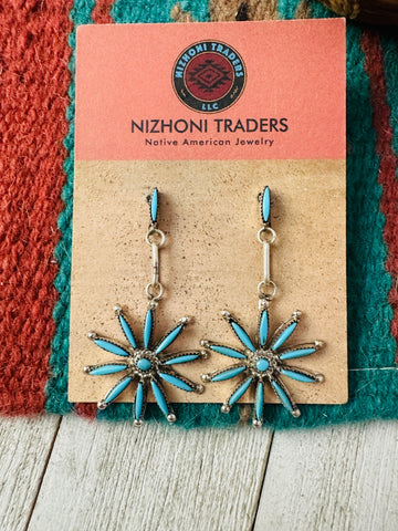 Zuni Turquoise & Sterling Silver Needlepoint Dangle Earrings