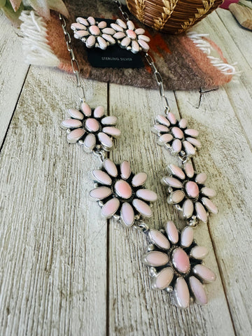 Navajo Queen Pink Conch & Sterling Silver Cluster Necklace Earrings Set