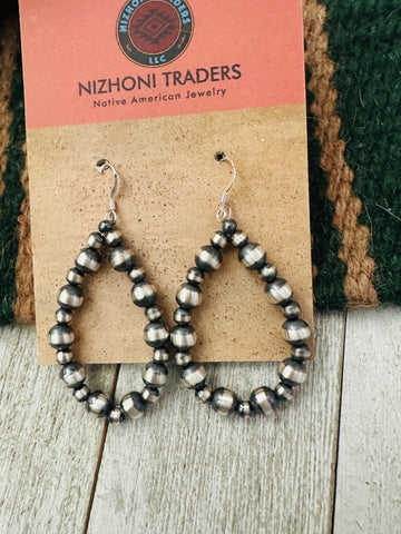 Navajo Sterling Silver Pearl Beaded Dangle Hoop Earrings