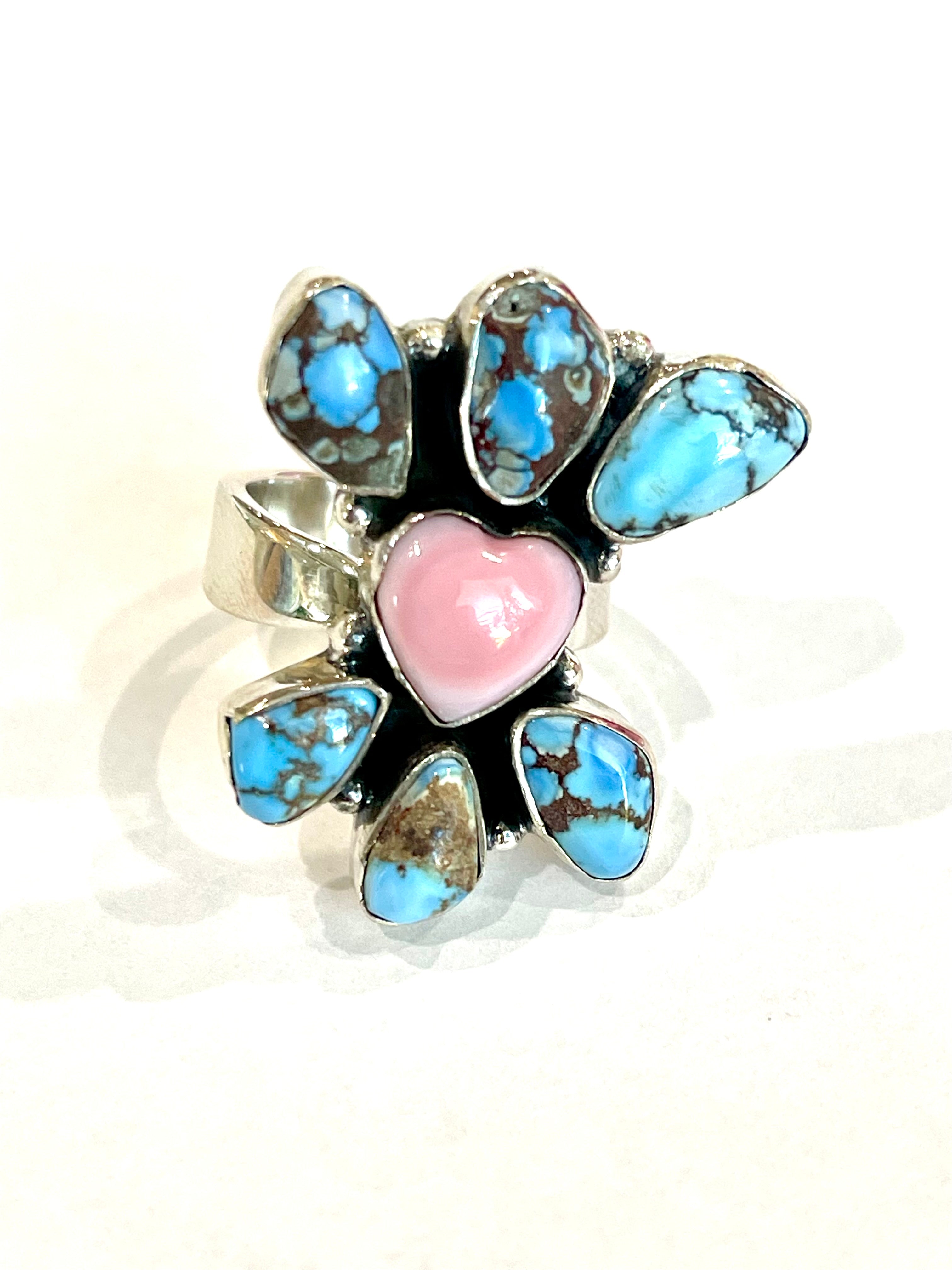 Beautiful Handmade Golden Hills Turquoise, Pink Conch And Sterling Silver Adjustable Ring