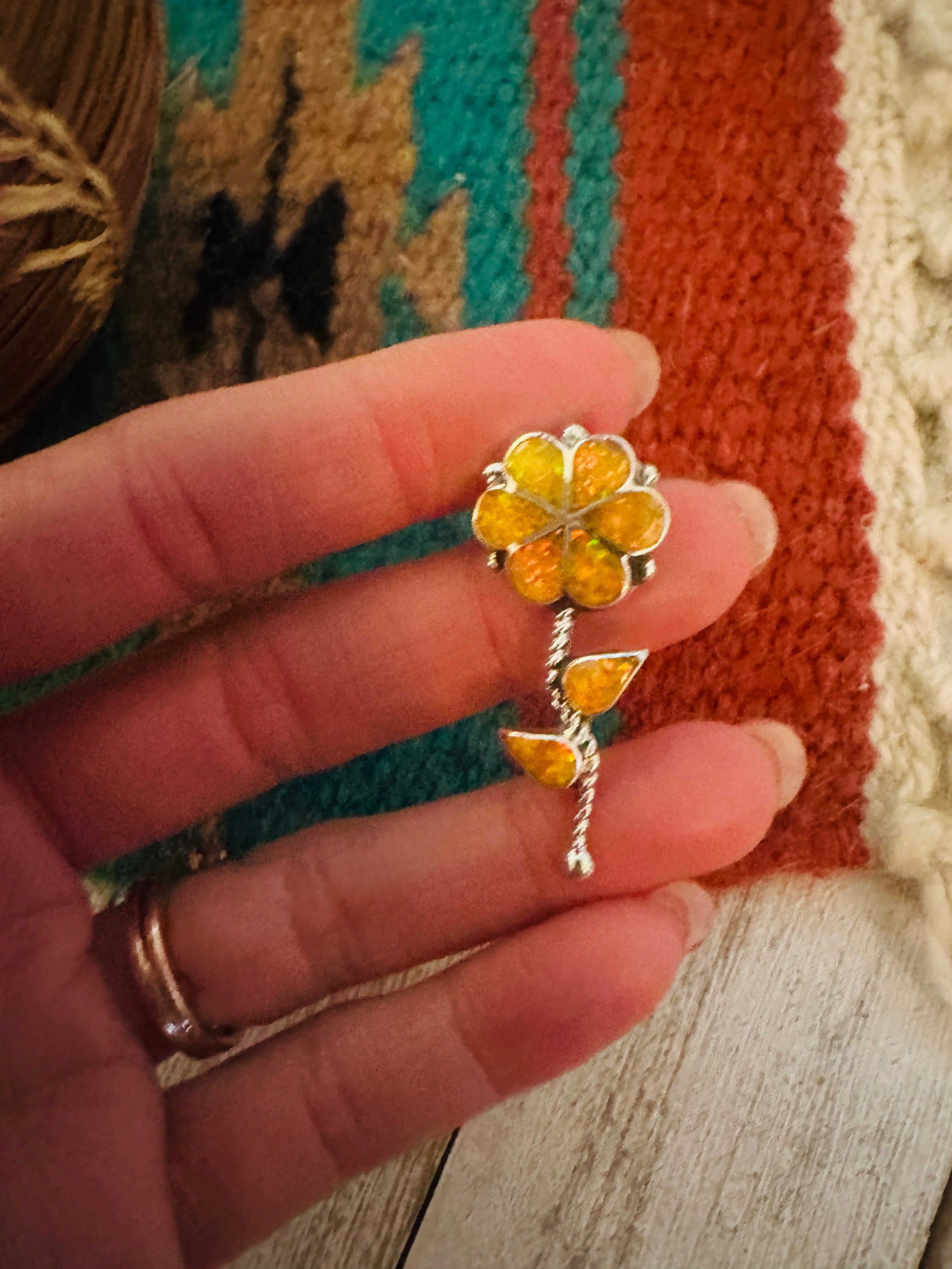 Zuni Yellow Opal & Sterling Silver Inlay Flower Pendant