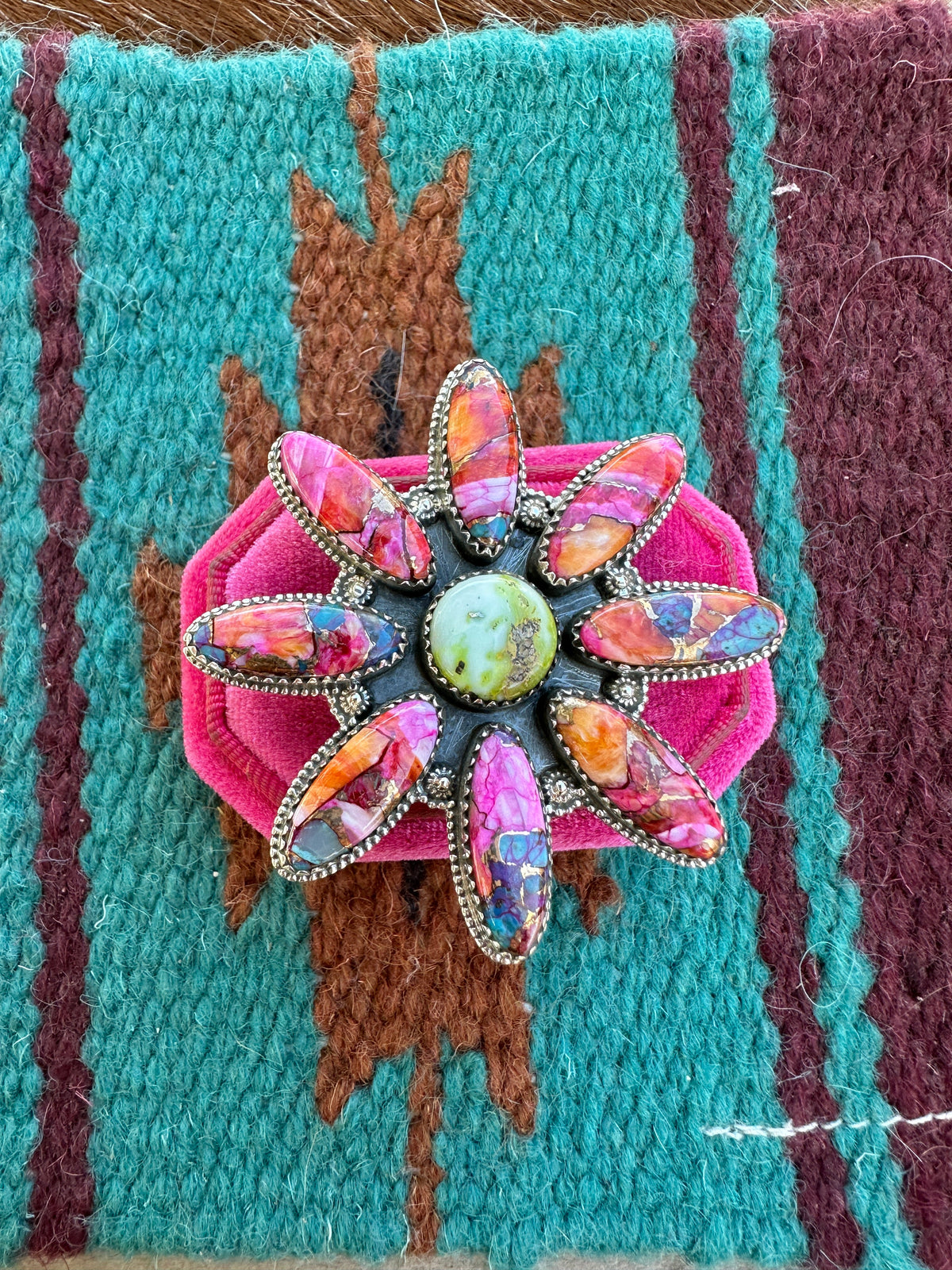 Nizhoni Handmade Pink Dream Mojave, Palomino Turquoise & Sterling Silver Adjustable Flower Ring