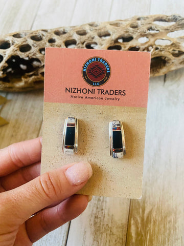 Navajo Multi Stone & Sterling Silver Inlay Dangle Earrings Signed